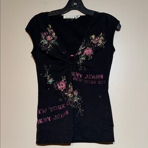 Dkny Black Floral Ring-Front Short Sleeve Tee